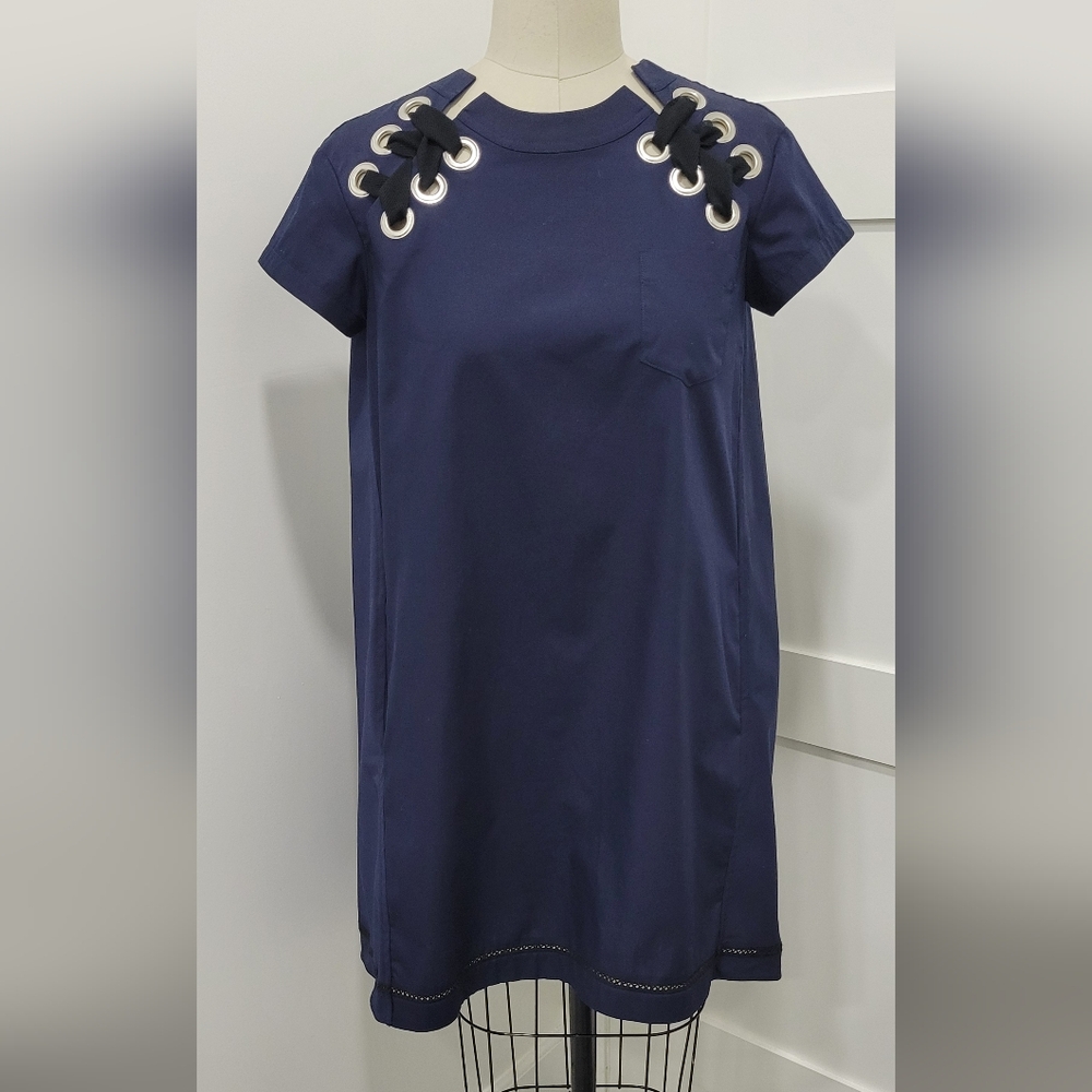 Sacai Navy Blue Mini Dress with Short Raglan Sleeves and Crew Neck Chic Size 1